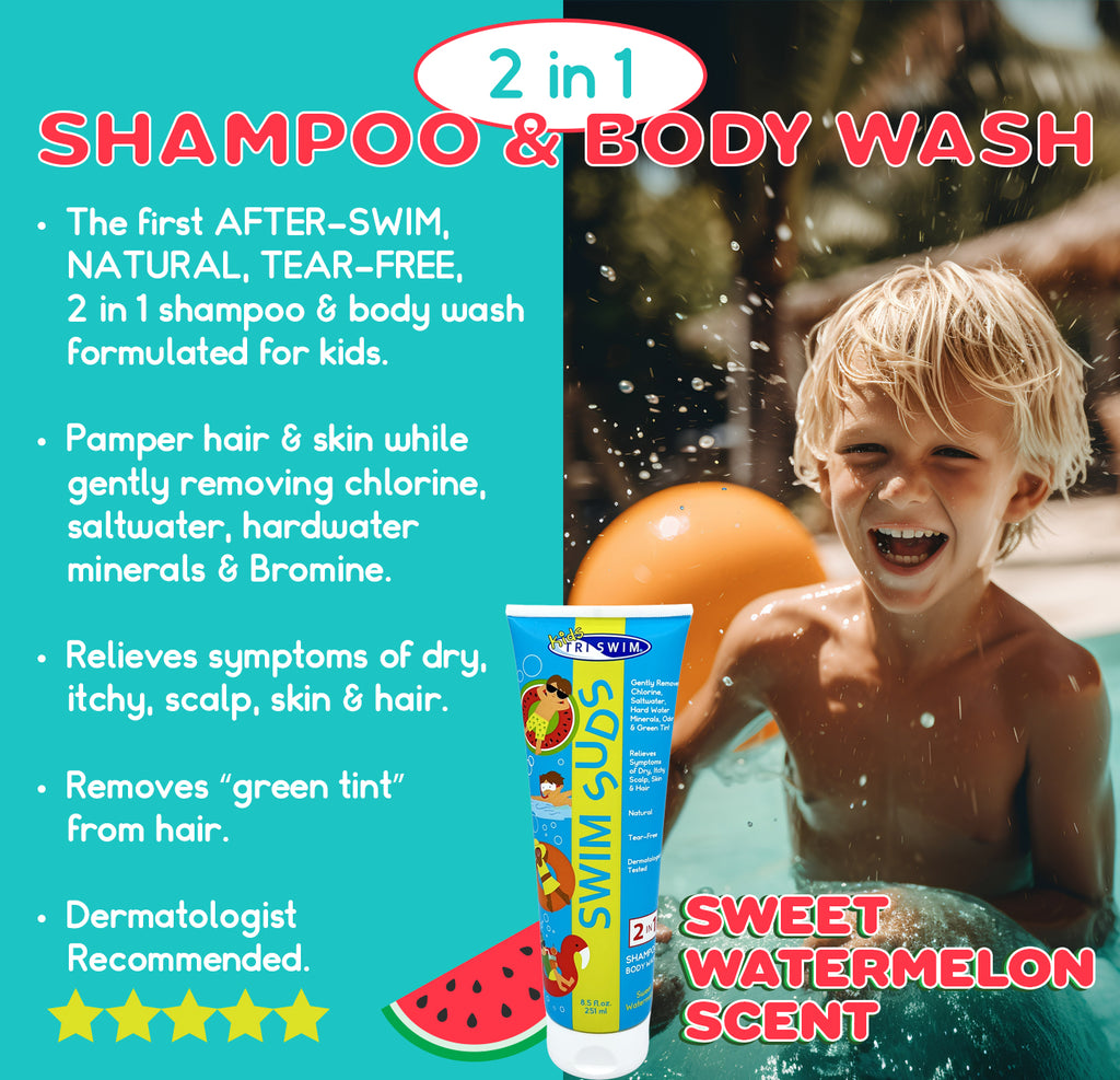 The first AFTER-SWIM, NATURAL, TEAR-FREE 2 in 1 shampoo & body wash formulated for kids. 